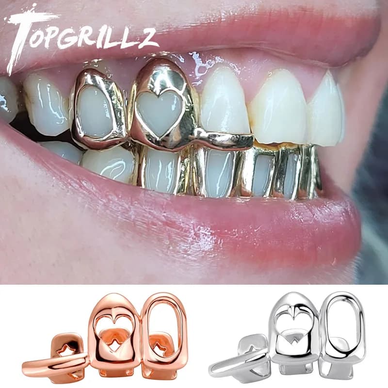 TOPGRILLZ Lucido Misto 3 Tappi per Denti a Cuore Cavo per Donne Uomini Denti Gioielli Barra Orizz Dentale Grillz Regalo di Halloween