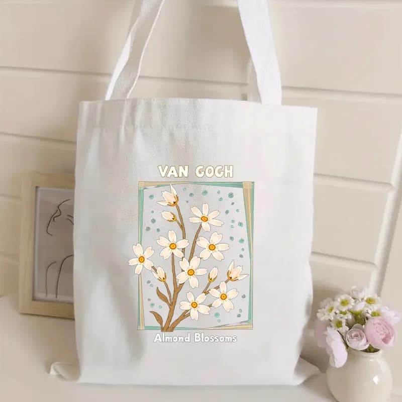 Van Gogh Almond Blossoms Classic Famous Painting Print Canvas Tote Bag Art Lover Casual Shoulder Shopping Handbag