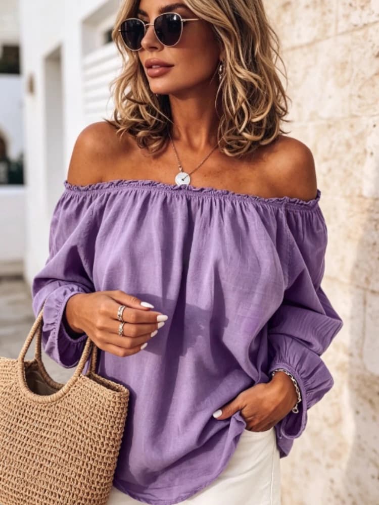 Nuova Camicia Chic da Donna con Spalle Scoperte, Maniche Lunghe, Stile Vintage, Tinta Unita, Elegante, Casual, Comoda, per Vacanze