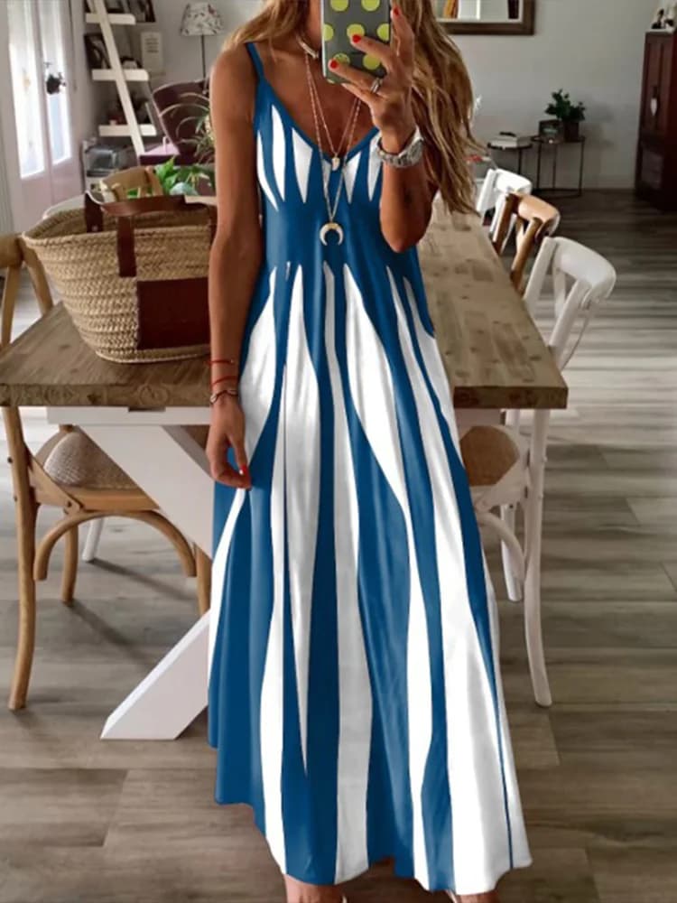 Abito senza maniche sexy da donna Abiti lunghi stampati a righe bianche nere Abito da festa casual estivo per le vacanze