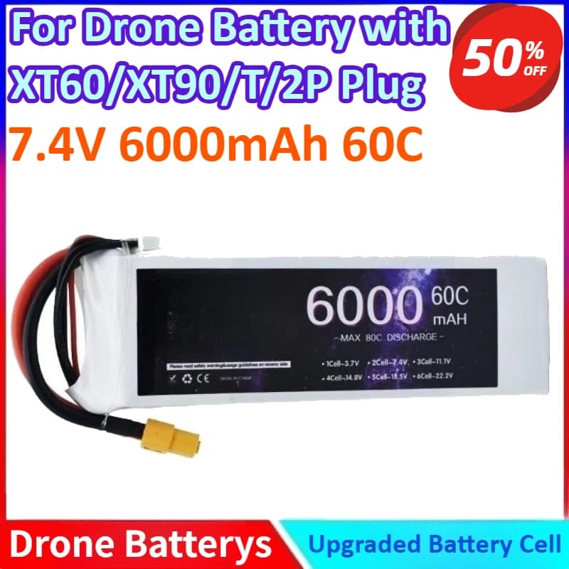 7.4V 6000mAh 60C per Drone RC Auto Elicottero Quadcopter Carro Armato Barca Truggy Lipo Batteria per Uso Generale con Spina XT60/XT90/T/2P