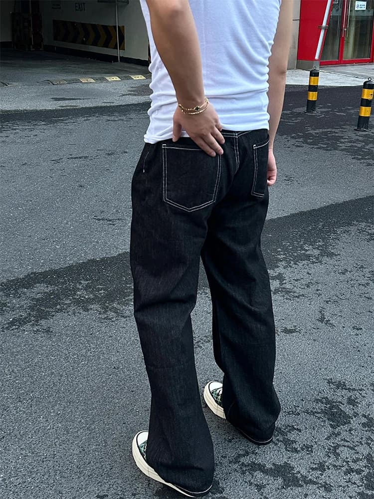 American High Street Retro Original Denim Color Men's Jeans CleanFit Curved Blade Pants Micro Flared Straight Leg Trousers