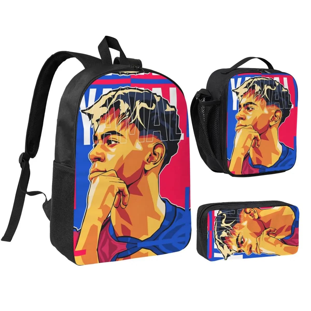 Oil Painting Version L-Lamine Y-Yamal 3pecs/set Backpack for Student College Shoulder Bag Lunch bag Pencil Case
