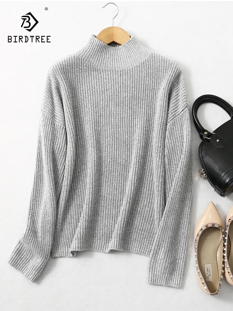 Maglione BirdTree 85% Seta 15% Cashmere, da Donna Beige Caldo a Collo Alto, Pullover a Maniche Lunghe Tinta Unita per Tutti i Giorni, Primavera 2026 T41872QC