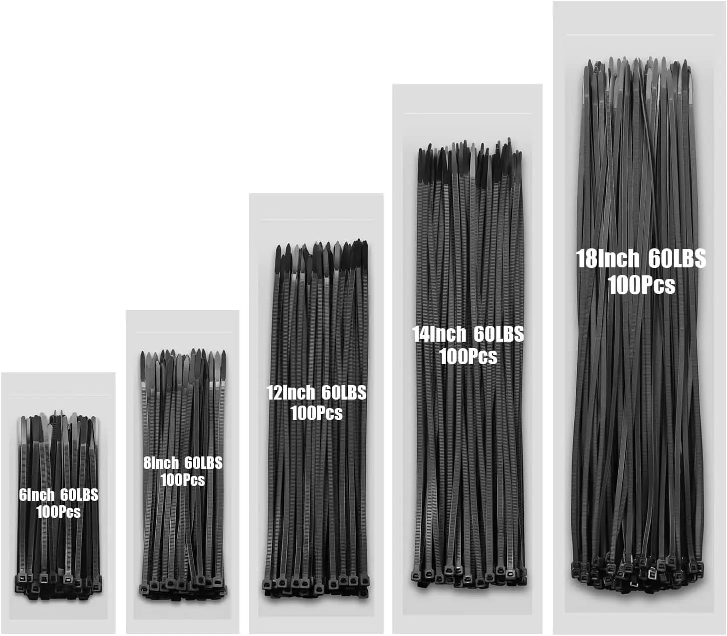 Fascette stringicavo in nylon resistenti, misure assortite 6-18 pollici, resistenza alla trazione 60 libbre, autobloccanti per uso interno ed esterno