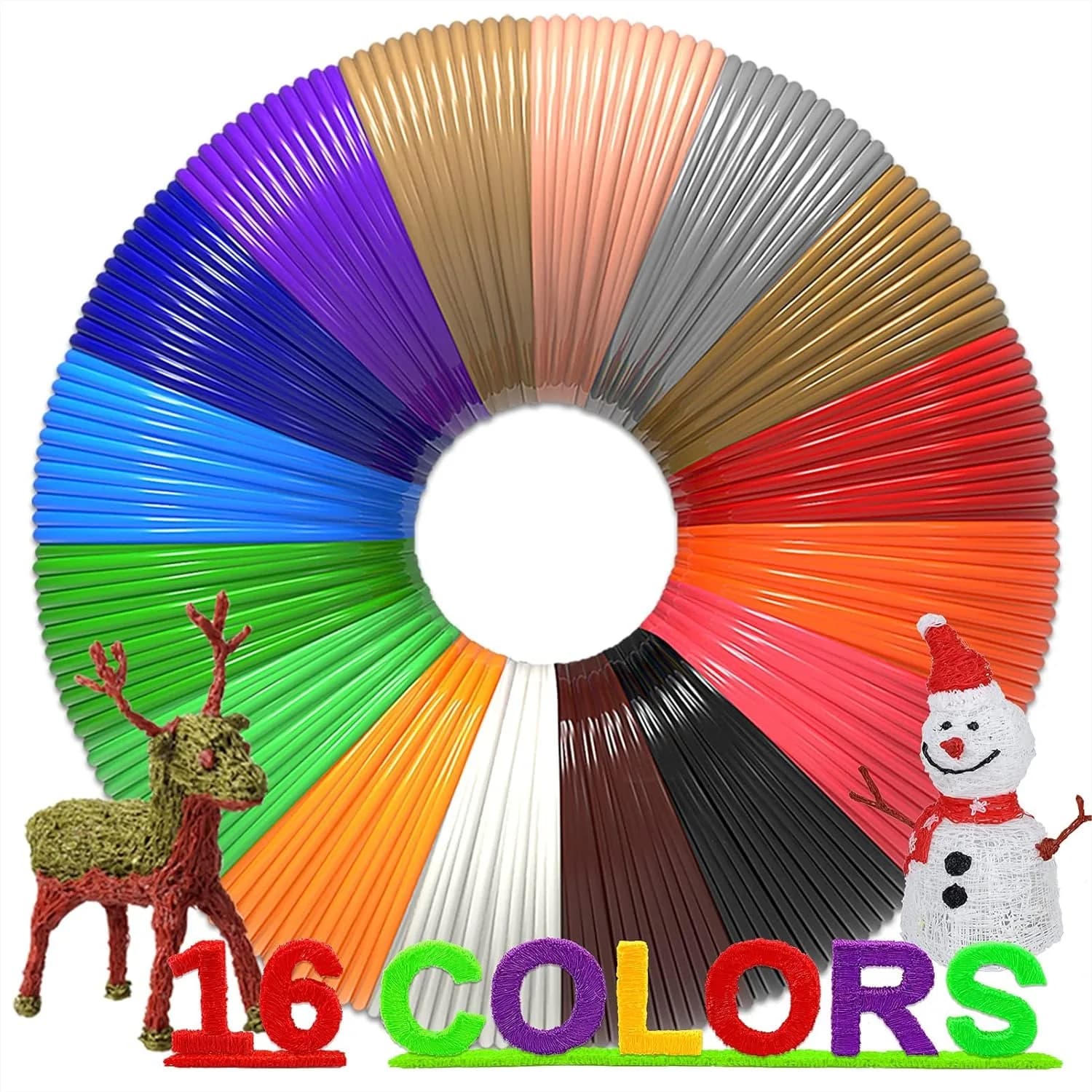 Filamento PLA da 1,75 mm, 16 colori, 640 piedi, 40 piedi ciascuno, compatibile con la maggior parte delle penne 3D, bonus 250 stencil e eBook