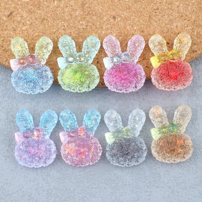 5PCS 18*25mm Luminous Gradient Rabbit Resin Cabochons for DIY clip, phone case, keychain earring handmade jewelry craft decor.