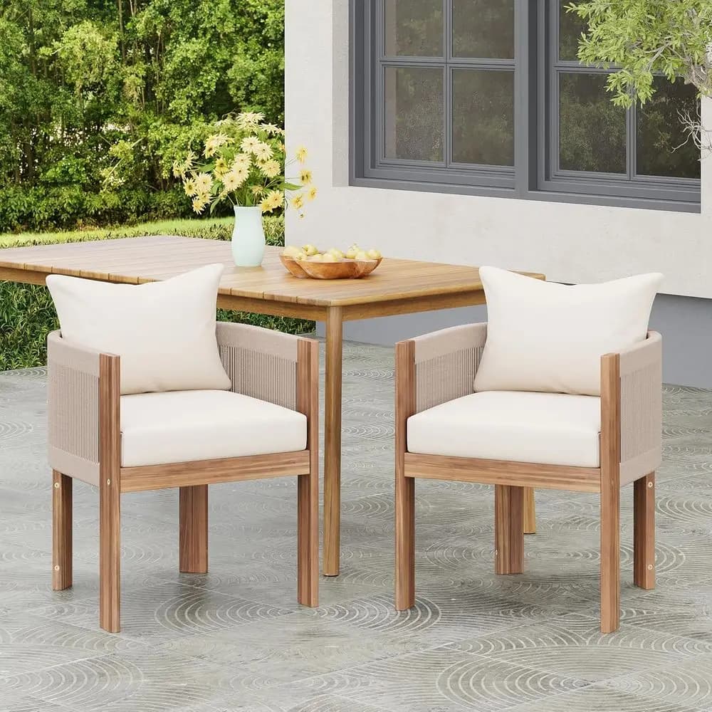 Set di sedie da pranzo per patio (2 pezzi), sedute da esterno con cuscini, resistenti alle intemperie e schienale con cordino in nylon, braccioli avvolgenti