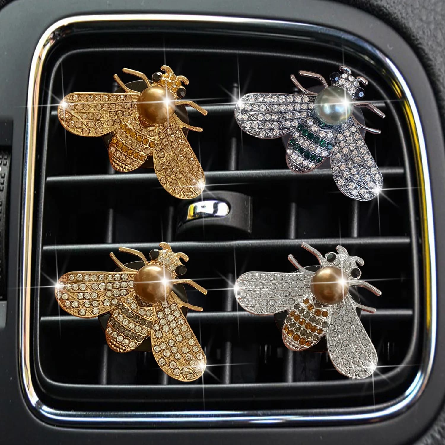 1 Pezzo Clip per Bocchetta dell'Aria Auto a Forma di Ape con Perle e Strass - Deodorante per Auto a Forma di Insetto per Presa AC, Ornamento Diffusore di Aroma Scintillante