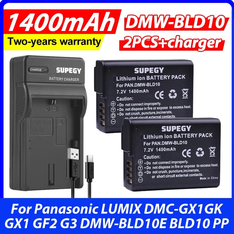 2 Pezzi Batteria 1400mAh DMW-BLD10E DMW BLD10E BLD10 BLD10PP + Caricabatterie per Panasonic LUMIX DMC-GX1GK GX1 GF2 G3 DMW-BLD10E BLD10 PP