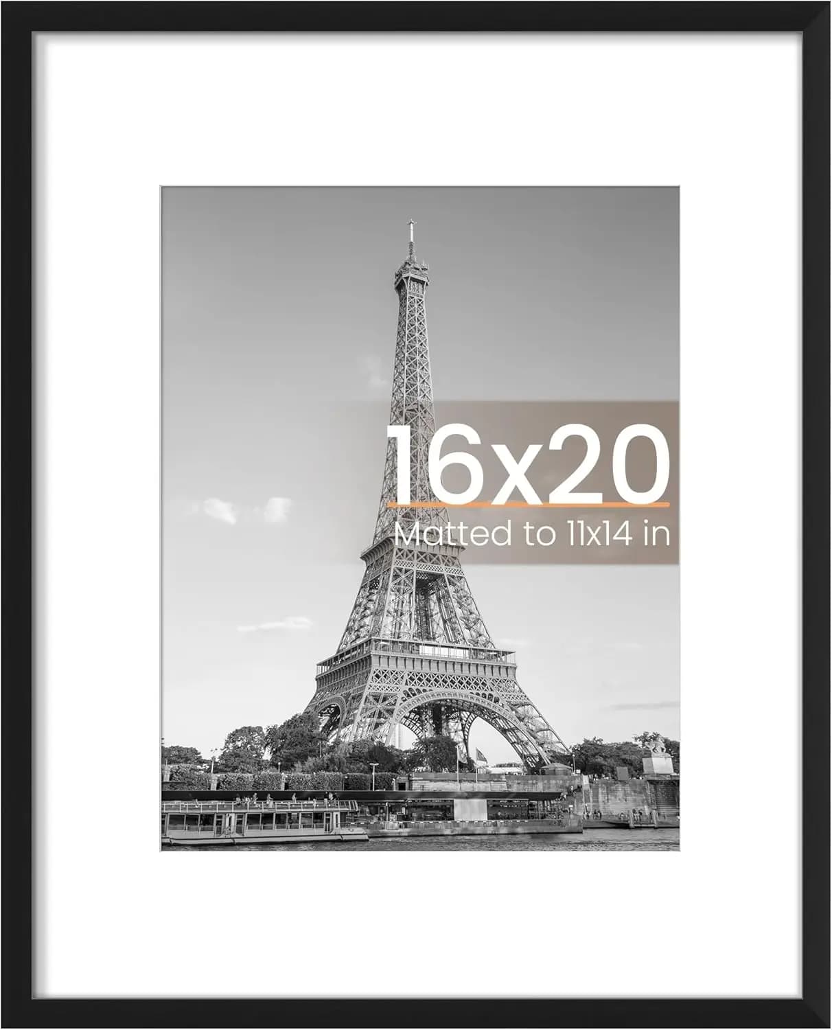 16x20 photo frame with passepartout, black wall hanging frame for 11x14 or 16x20 photo, easy to mount