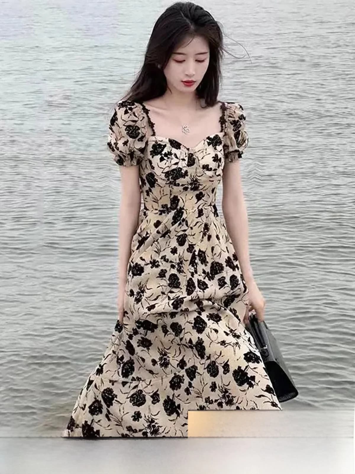 Floral Print Chiffon Dress Women's Fashion Summer 2026 New High-End Short Sleeve Midi Skirt Korean Style Commute Polyester Fiber