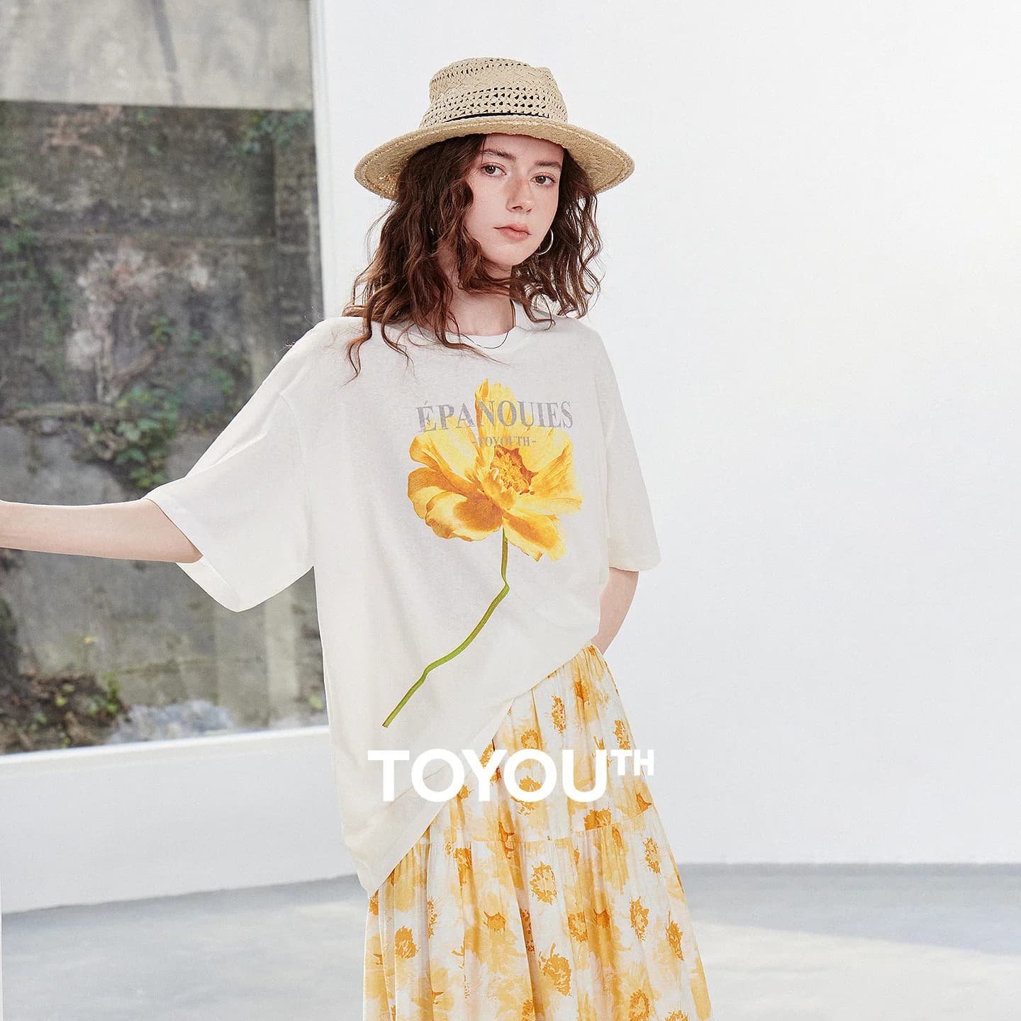 TOYOUTH x Houhou Women's Linen T-Shirt 2026 Summer New Oil Paint Flower Print Drop Shoulder Loose Tee
