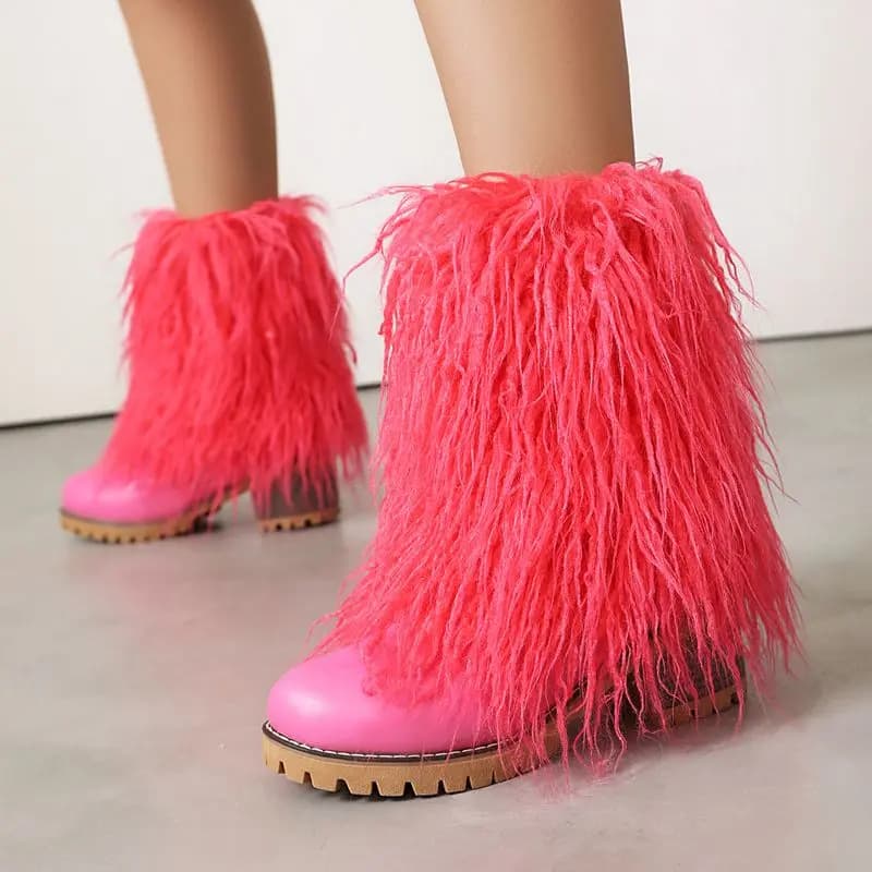 ORCHA LISA 2026 New Women's Furry Mid Calf Boots Round Toe 5cm Block Heel Slip On Plus Size 41 43 Casual Dating Girls Shoes