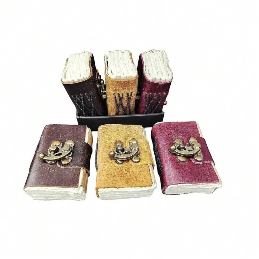 [Set Of 3] Handmade Mini Leather Journals - Tiny Vintage Scrapbooks, Pocket Artist Sketchbook, Small Leatherbound Unlined Noteb