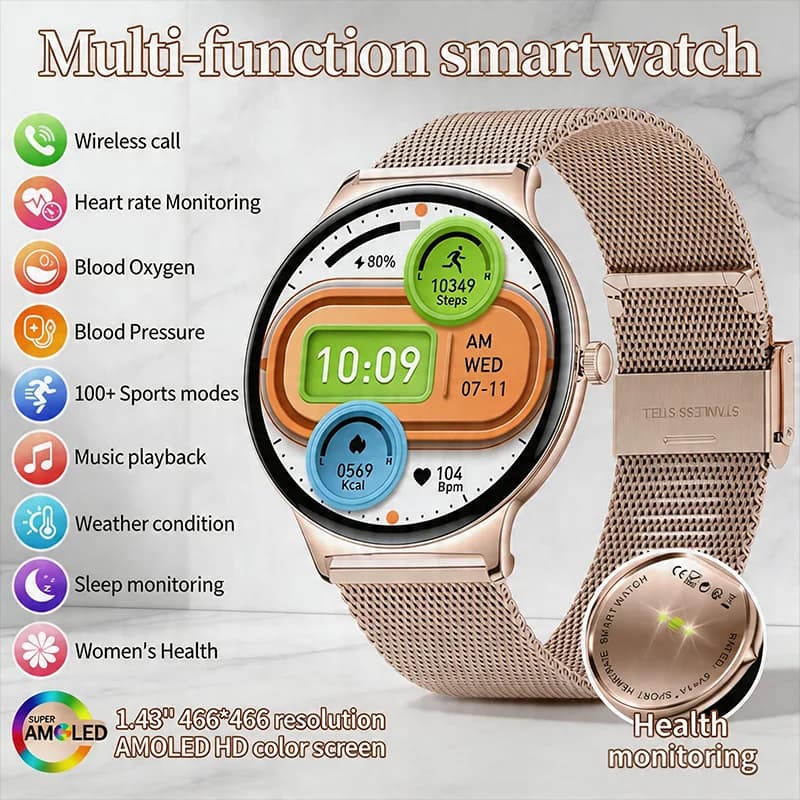 Smartwatch LIGE per la Salute delle Donne, Fitness Tracker da Donna con Display AMOLED da 1.43'', Notifiche Chiamate, Chiamate Bluetooth, Ultra Sottile e Resistente