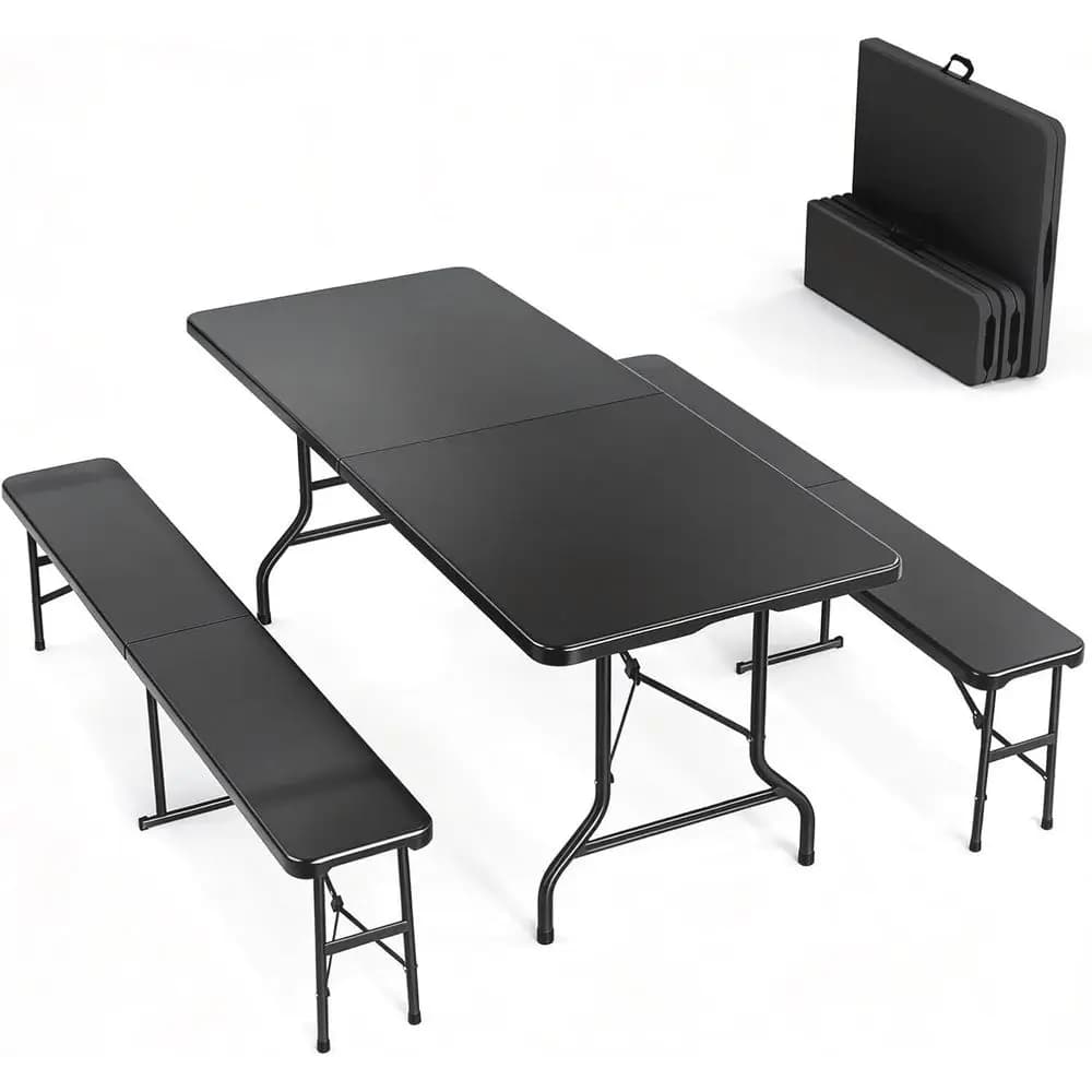 Picnic Table Set with 2 Benches, 6 eet Camping Table Chair Set, 3-Piece olding urniture or Indoor or Outdoor Use, Tree ed HDPE T