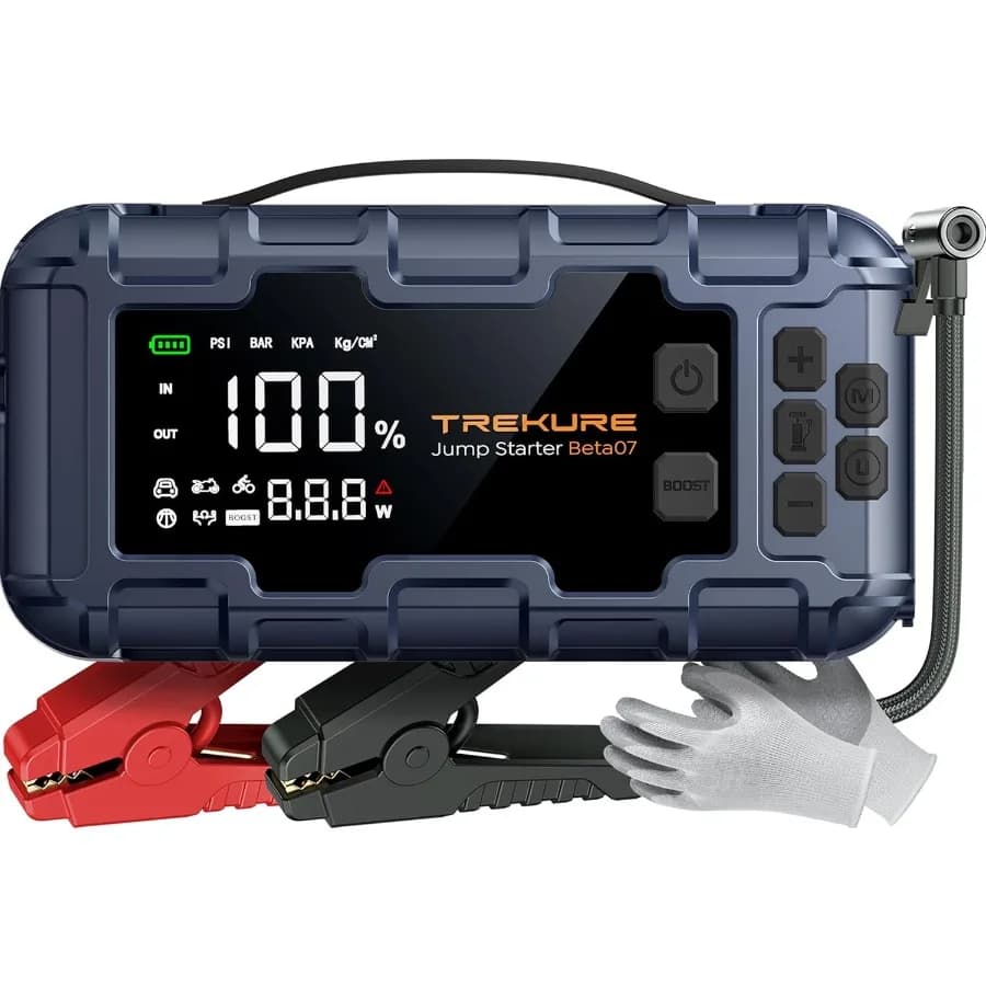 Avviatore di Emergenza Portatile 10-in-1 per Auto con Cavi di Avviamento e Guanti, per Motori a Benzina 12L e Diesel, Caricabatterie 8000A, Compressore d'Aria 160PSI, PD