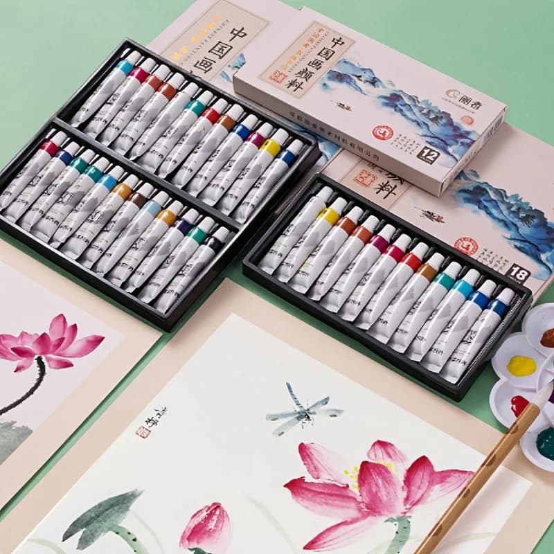Chinese painting pigment set with 7/12 colors, 6 ml / 0.2 ounces, suitable for traditional Chinese painting, calligraphy and pro