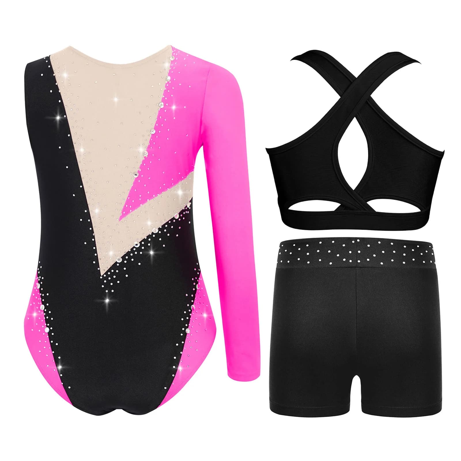 Body da Ginnastica Ritmica e Pattinaggio Artistico per Bambine con Strass, Completo Asimmetrico con Gilet e Pantaloncini, Abbigliamento da Danza Classica