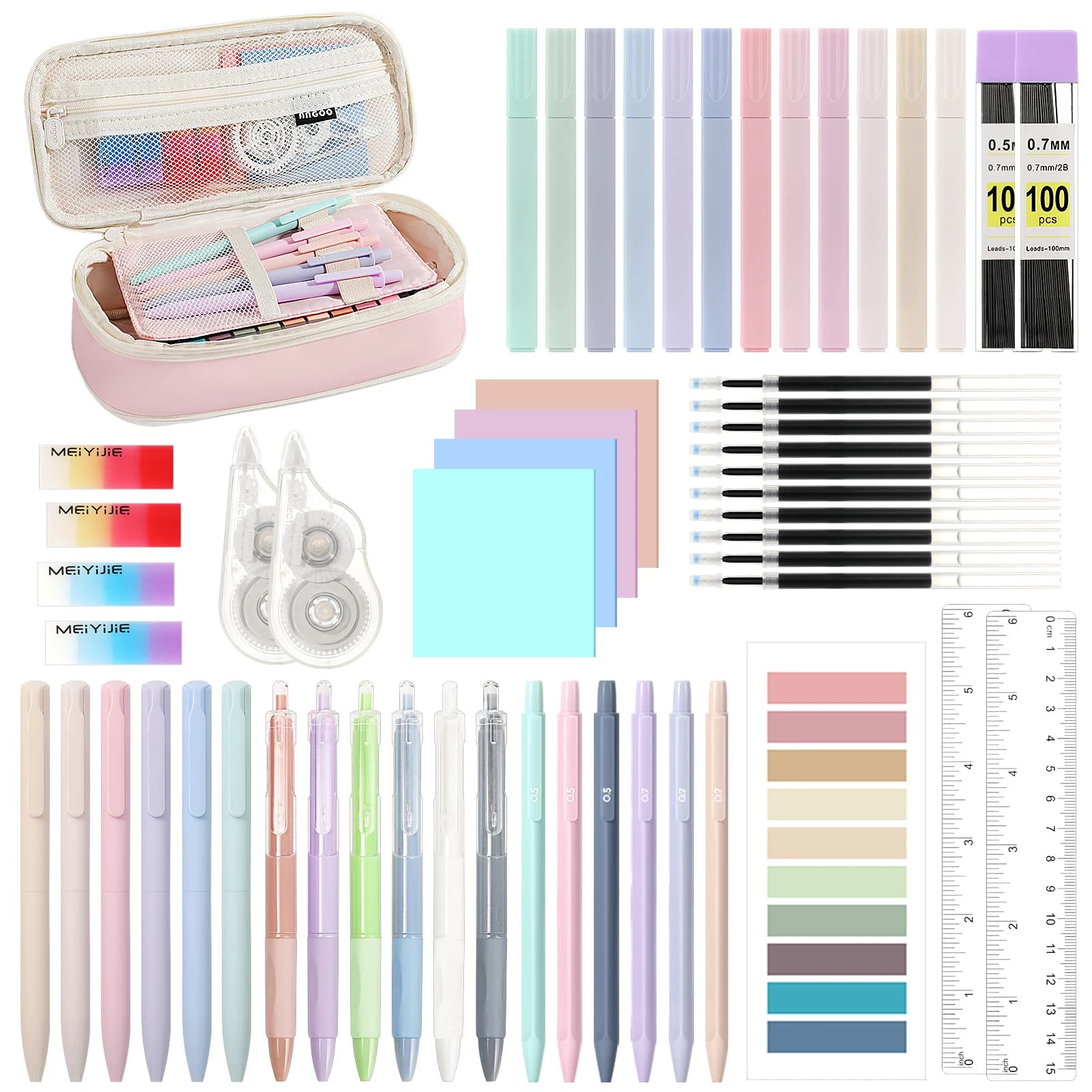 MoKo 56 pezzi di materiale scolastico estetico con astuccio per matite, set di cancelleria carino per ufficio degli studenti, 12 penne gel, 12 evidenziatori pastello