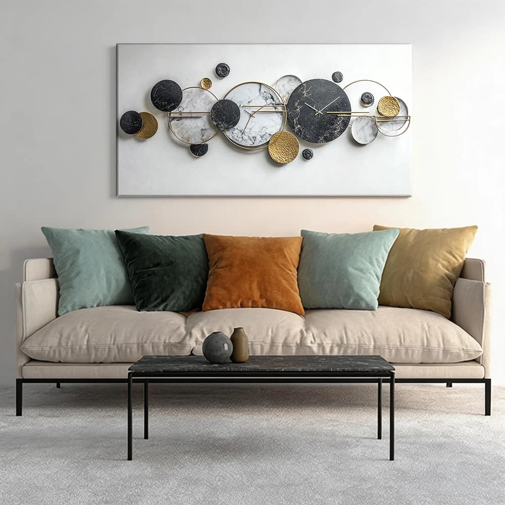 Wall clock with large solid wood frame, 1 piece, gilded marble elements.