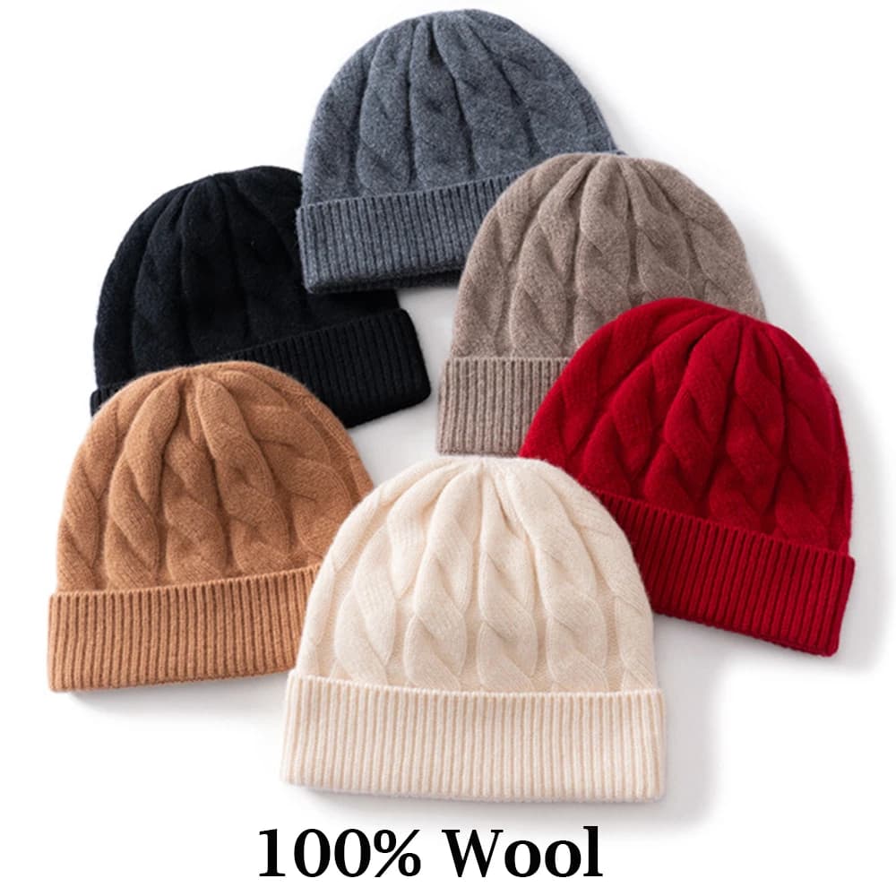 Men 100% Wool Knitted Beanie Hat Thickened Double-layer Twisted Knit Warm Cap Women Outdoor Ski Sports Knitted Hat Solid Color
