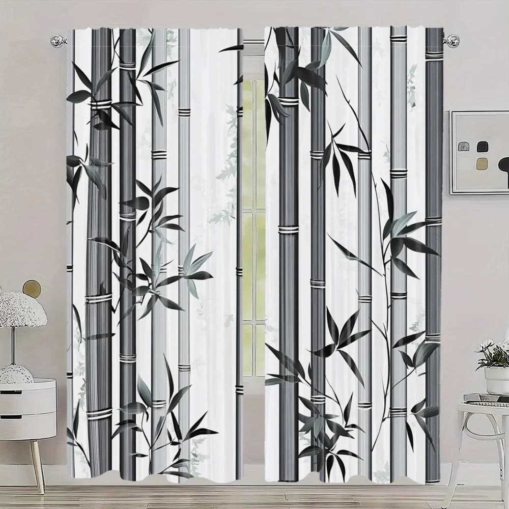 2pc Asian forest pattern curtains, made of polyester fabric, machine washable, suitable for living rooms and bedrooms.