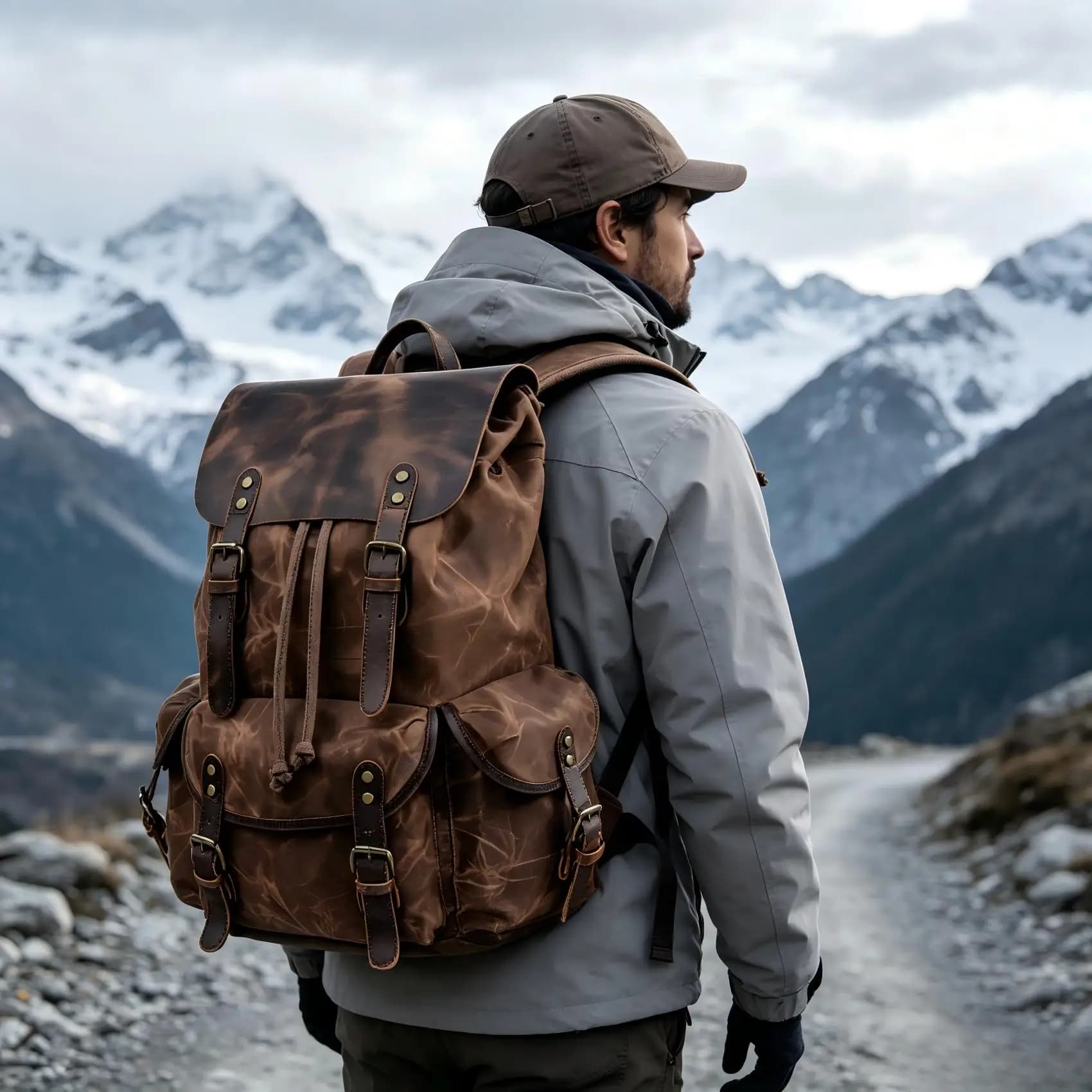 Retro Wax Canvas Cowhide Trim Backpack Multi‑Pocket Durable Rucksack for Outdoor Hiking Camping Daily Travel Business Laptop Bag