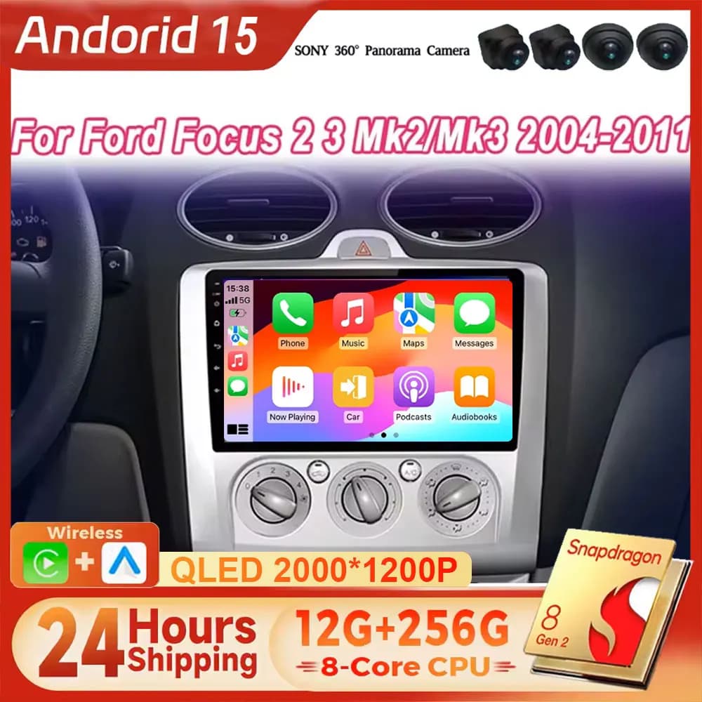 Autoradio Android 15 per Ford Focus 2 3 Mk2 Mk3 2004-2011, Lettore Multimediale con Navigazione GPS, 2Din Carplay, Stereo DVD, WIFI