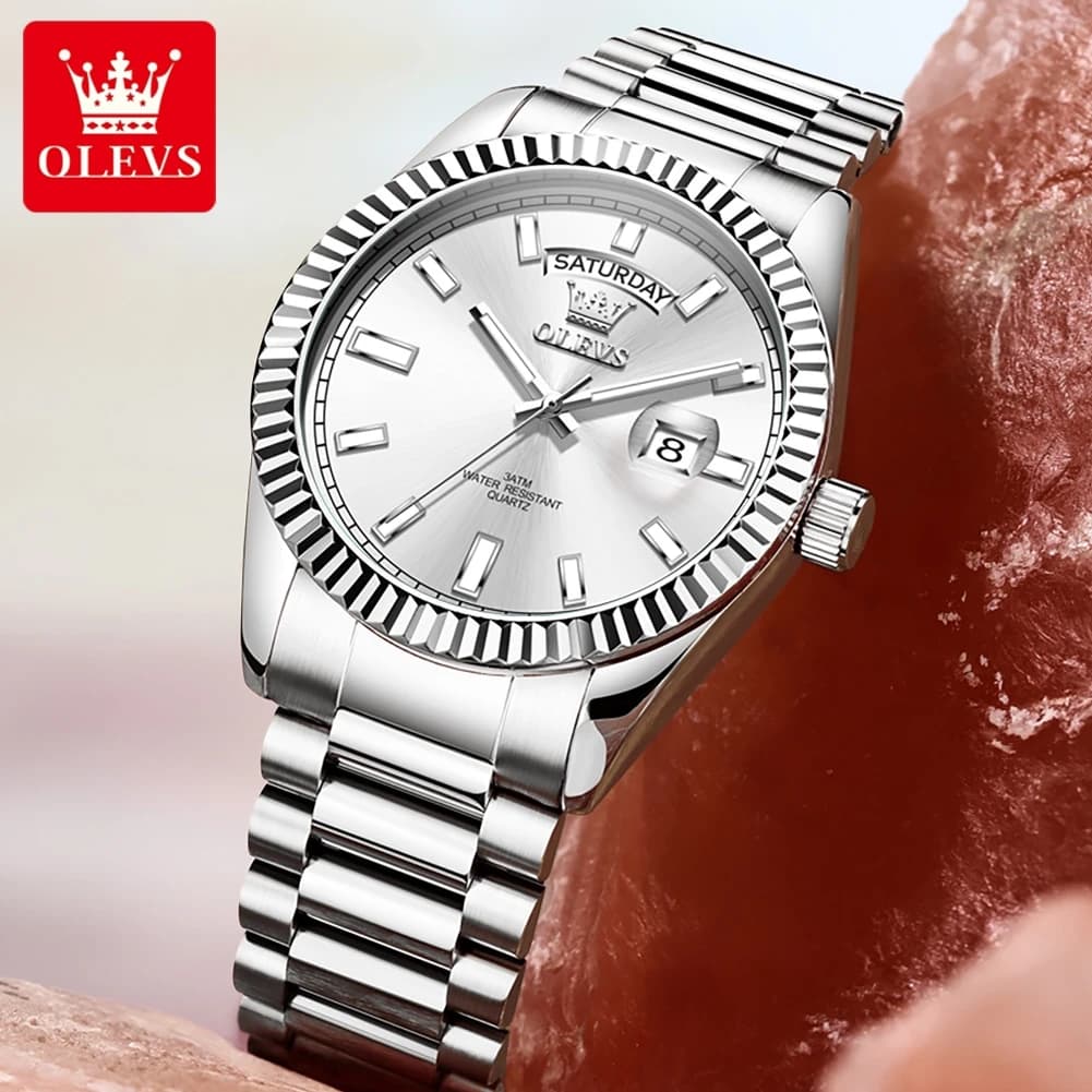 OLEVS Nuovi Orologi da Uomo Calendario in Acciaio Inossidabile Impermeabile Orologio da Uomo Luminoso Elegante Orologio al Quarzo Originale di Lusso per Gli Uomini 5650