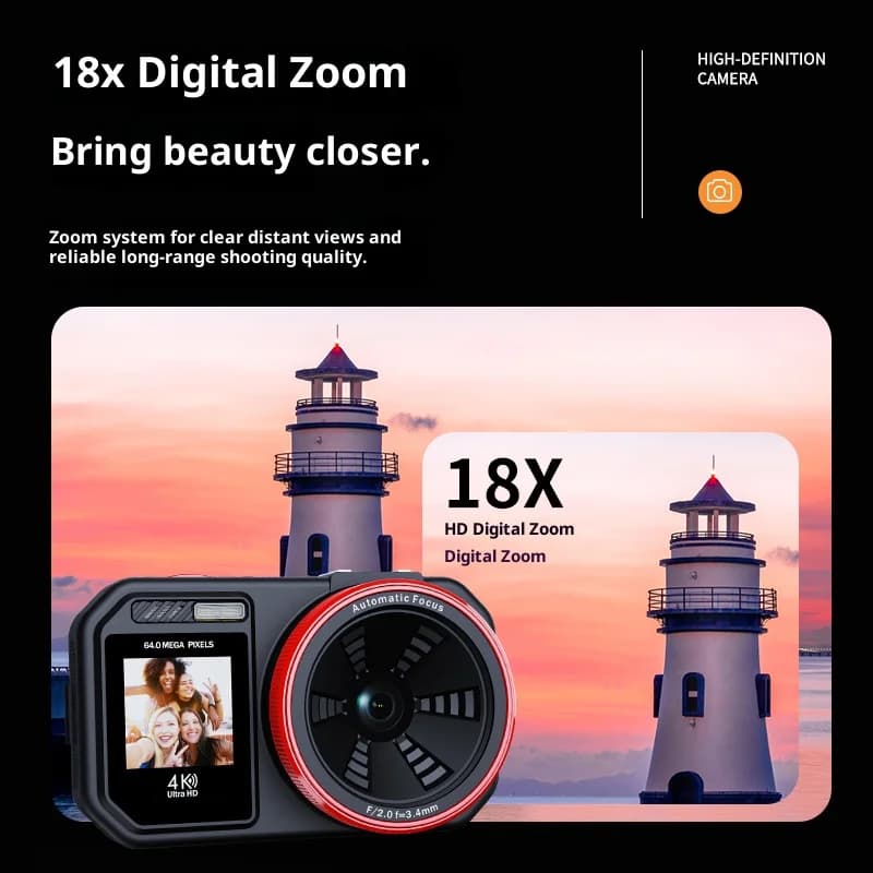 Fotocamera Digitale 4K UHD WIFI 2026 XJ09 Portatile con Zoom 18X, Autofocus, Videocamera per Studenti, Telescopio Monoculare 64MP, Fotocamera a Colori