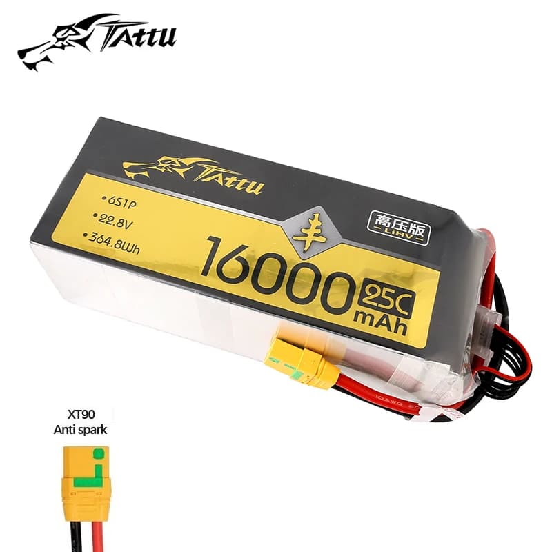 Batteria LiPo TATTU 16000mAh 25C 22.8V per Elicottero RC, Quadricottero, Drone FPV da Corsa con Connettore XT90S, Batteria 6S