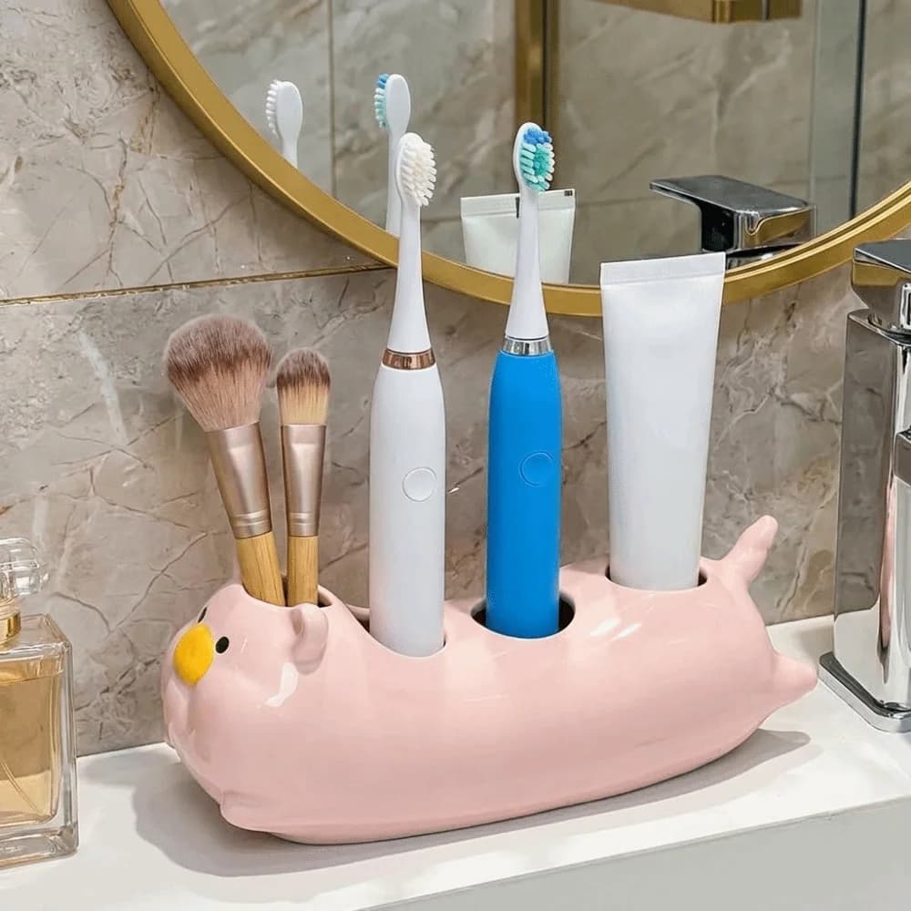 Portaspazzolino Elettrico a Forma di Maialino, Portaoggetti Decorativo in Ceramica per Spazzolini, Impermeabile e Salvaspazio per Lavabo