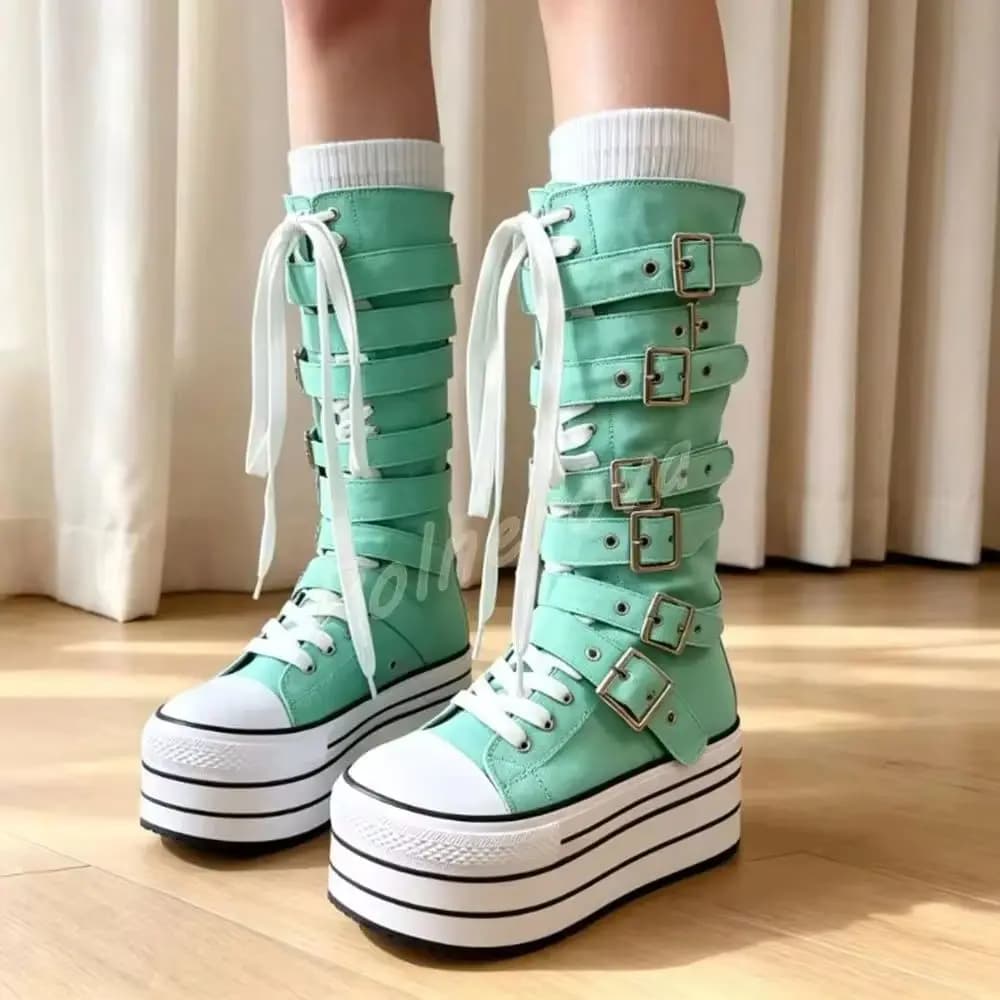 Mint Green Canvas Knee High Boots Platform Multi Buckle Strap Lace Up Goth Punk Shoes Women Thick Sole High Top Leisure Boots