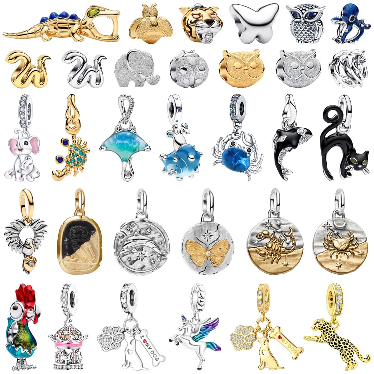 Hot Sales 925 Sterling Silver Cute Animal Owl Snake Butterfly Cat Elephant Beads Pendant Fit Women DIY Bracelet Necklace Jewelry