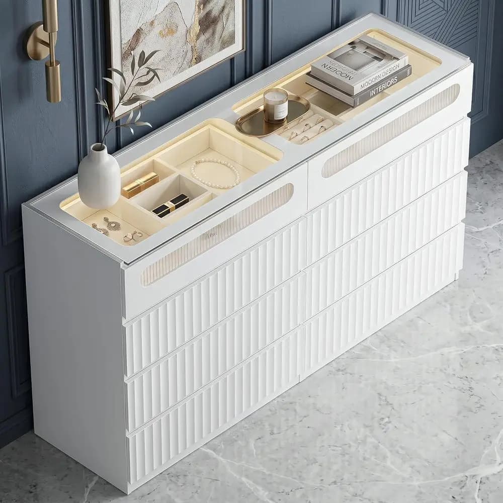 8 Drawer Dresser with LED Lights, Tempered Glass Top, Hidden Handles, Versatile Storage for Bedroom and Entryway, Wooden Vanity