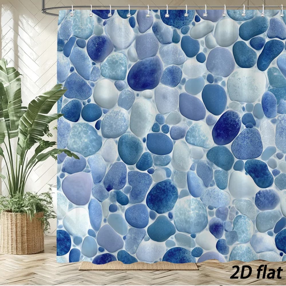 Tenda da doccia piatta 2D con pietre blu – Poliestere, 12 ganci, decorazione moderna per il bagno, resistente all'acqua e lavabile in lavatrice
