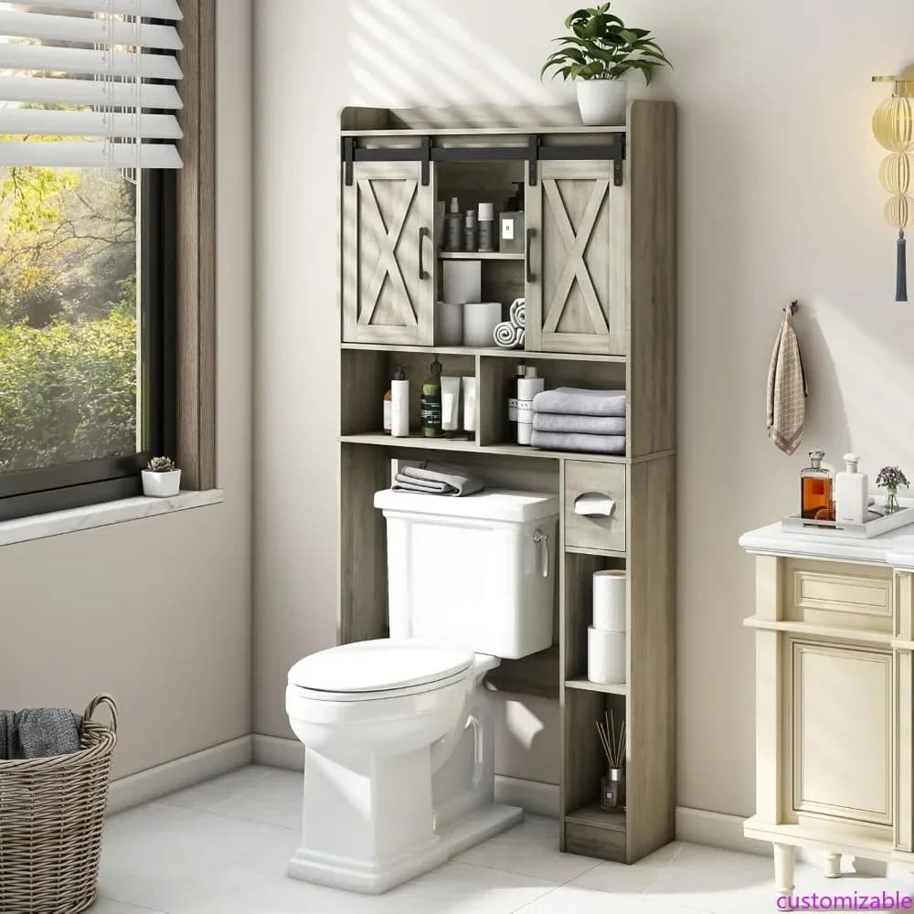 Mobiletto portaoggetti da bagno salvaspazio sopra il WC, stile rustico, con porta scorrevole e porta carta igienica - Modello H