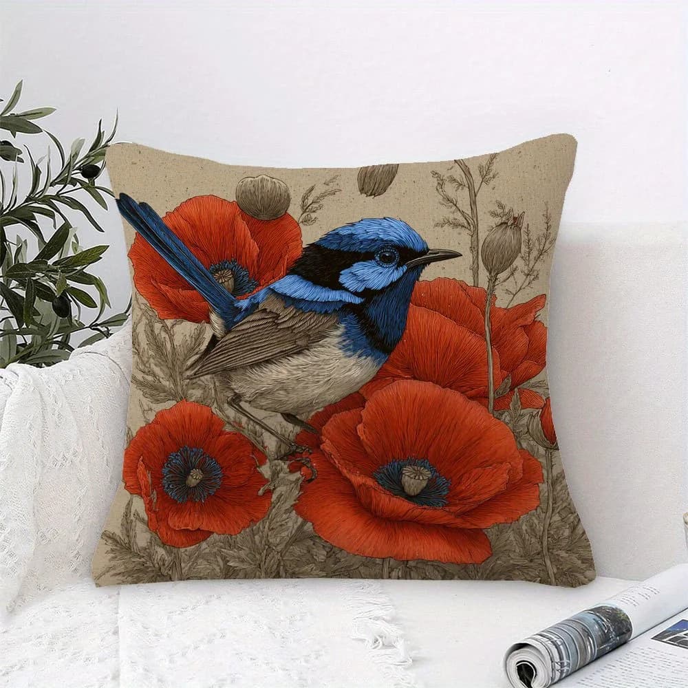 Fodera per cuscino decorativa bifacciale con uccello Fairy Wren e fiori di papavero rosso, motivo artistico naturale per divano e casa