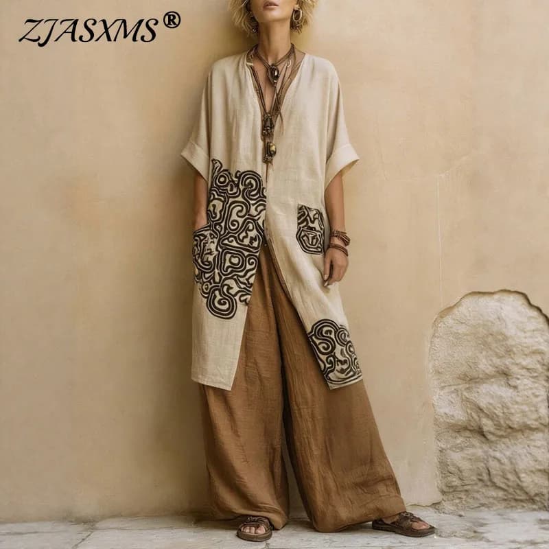Set 3 Pezzi Kimono Boho con Stampa Geometrica, Top con Tasche e Pantaloni a Gamba Larga, Completo Estivo Primaverile per Donna, Outfit da Vacanza