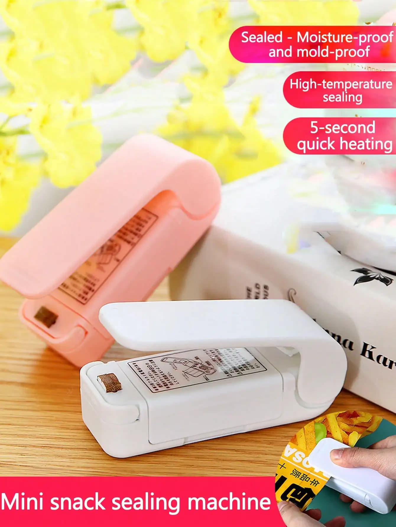 Mini 1 piece food sealer, portable device for sealing plastic bags for home use, moisture proof and for freshness preservation