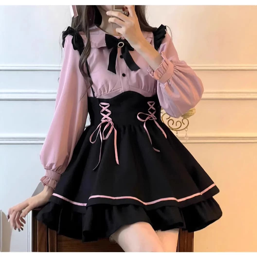 Jirai Kei Skirt Verall Dress Japanese Lolita Maid Mine Style Pinafore Pink Kawaii Y2k Kawaii Sweet Bow Girly Belt