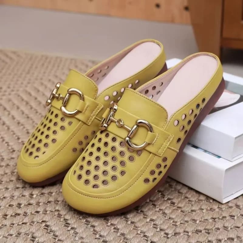 Mules da donna traforate estive con punta chiusa, suola in morbida pelle, mocassini con morsetto, traspiranti, piatte, da esterno, slip-on comodi