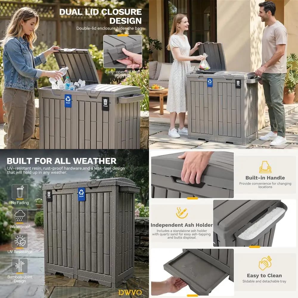 Cestino per rifiuti da esterno da 76 galloni a doppia resina con coperchio, etichette per la raccolta differenziata, contenitore per cenere, picchetti, ventose, ideale per patio e giardino, L
