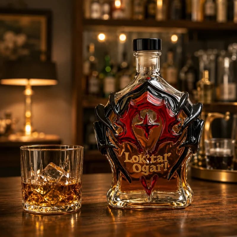 WoW Horde Lok'tar Ogar Embossed Glass Whiskey Decanter Orc Warrior Themed Liquor Bottle Gaming Bar Decor Fan Gift