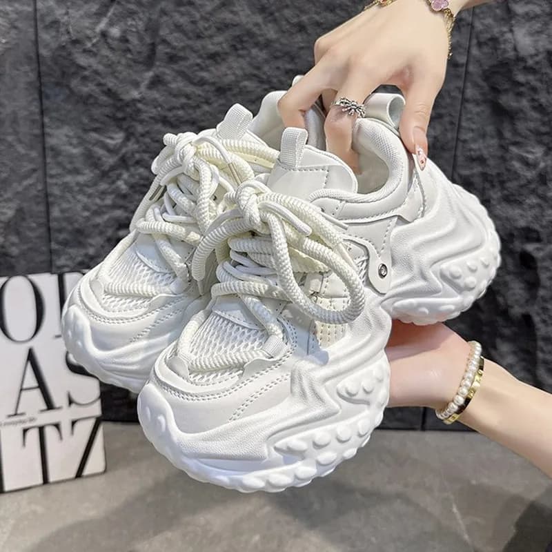 Women High Platform Casual Leather Mesh Shoes 2026 Autumn New Lace-up Chunky Sneaker 7CM Wedges Hidden Heels Leisure Shoes Woman