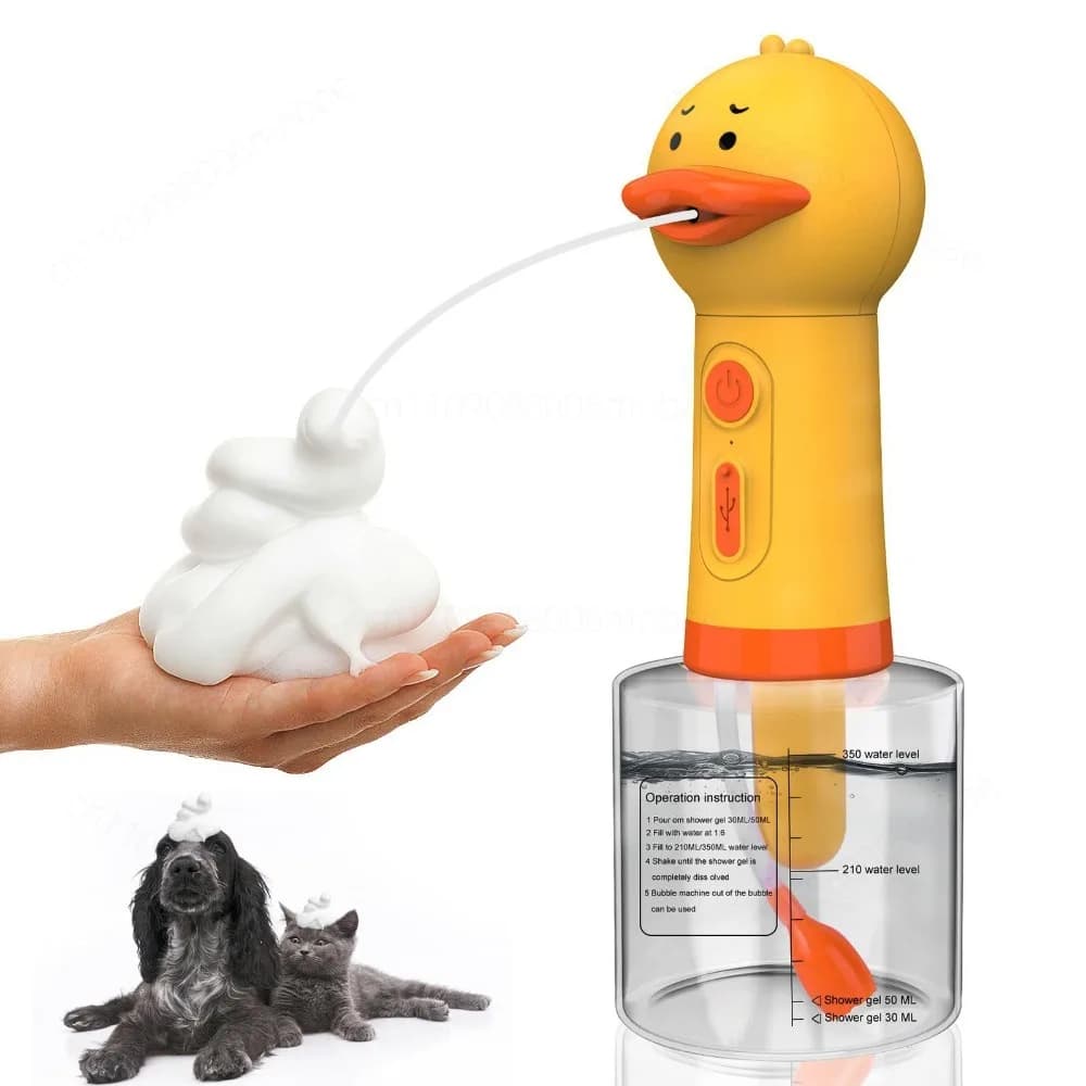 Macchina per bolle di sapone per cani, dispenser automatico di sapone a forma di anatra, simpatico accessorio per il bagno degli animali domestici.