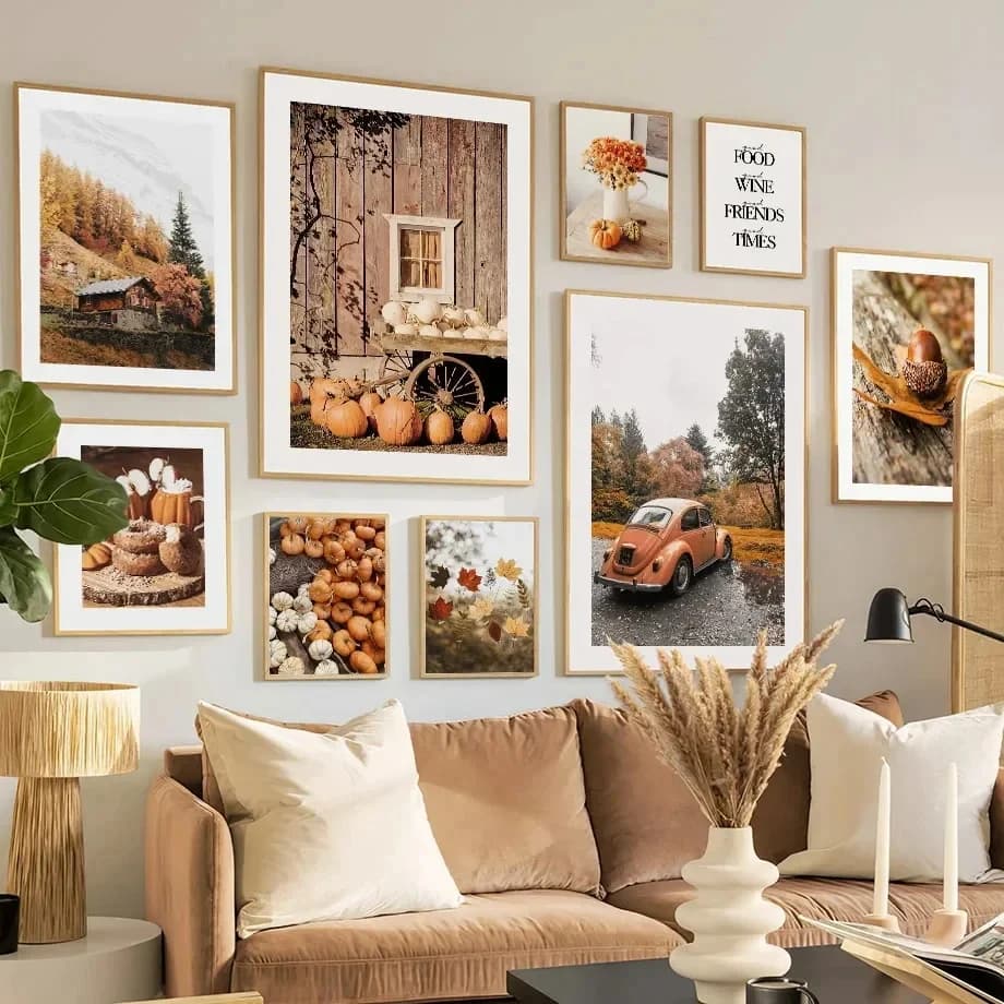Painting on Canvas with Autumn Vinegar Sheets and Auto of Epoca, Posters and Prints of Nordic Style, Wall Decoration for Living, Autumn Gift