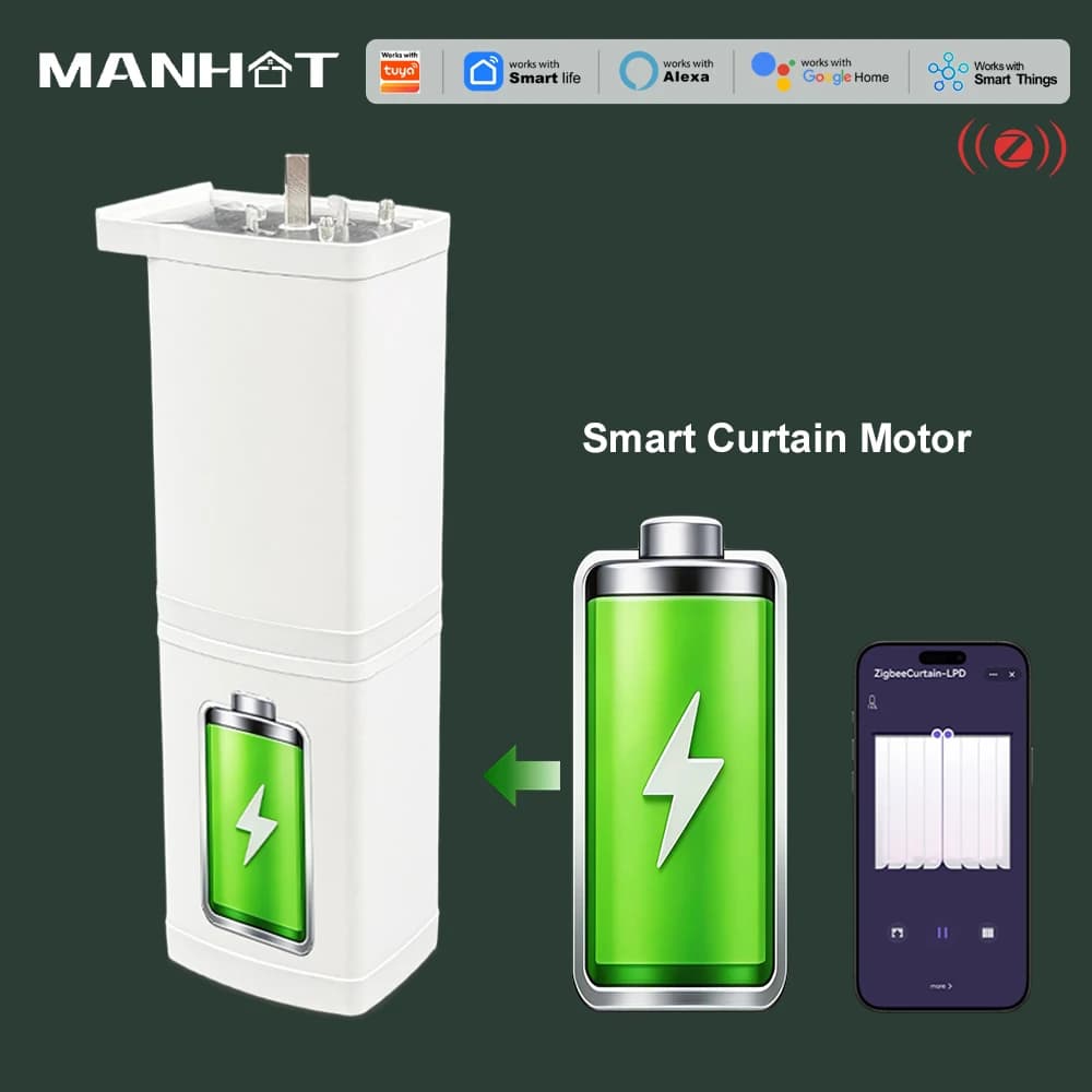 MANHOT ZigBee Smart Electric Curtain Motor Battery Silent Curtain Motor APP/Voice Control Work with Tuya Alexa Google Home Alice